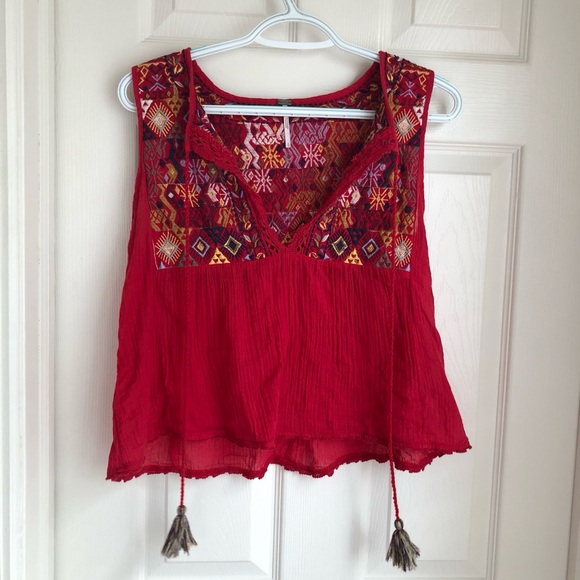 Free People Lohri Red Embroidered bohemian tank top with key hole tie tassels - Picture 2 of 7
